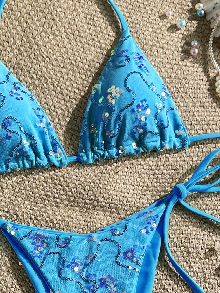 Costavie 2 Pieces Colorful Sequin Special Fabric Triangle Cup Bra And Side Tie Swim Bottoms Sexy Bikini Set, Spring/Summer - Blue - View 7
