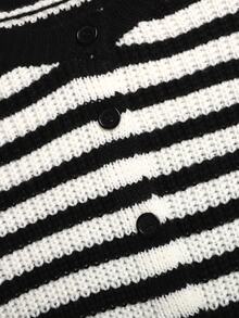 SHEIN 青少年女孩條紋圓領長袖秋季開襟衫，返校季，學院風 - 黑與白 - 查看 6
