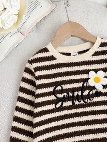 SHEIN 女嬰條紋寬鬆花卉刺繡套頭上衣休閒百搭內搭褲套裝，適合冬季 - 棕色 - 查看 7
