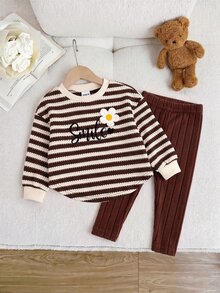 SHEIN 女嬰條紋寬鬆花卉刺繡套頭上衣休閒百搭內搭褲套裝，適合冬季 - 棕色 - 查看 6