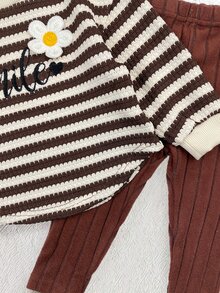 SHEIN 女嬰條紋寬鬆花卉刺繡套頭上衣休閒百搭內搭褲套裝，適合冬季 - 棕色 - 查看 8