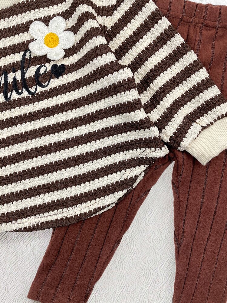 SHEIN Baby Girl Striped Loose Floral Embroidered Pullover Top Casual Versatile Leggings Set Suitable For Winter - Brown - View 8