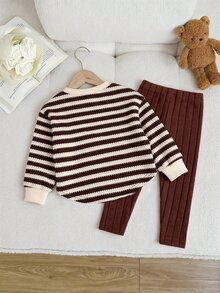 SHEIN 女嬰條紋寬鬆花卉刺繡套頭上衣休閒百搭內搭褲套裝，適合冬季 - 棕色 - 查看 2