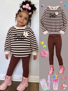 SHEIN 女嬰條紋寬鬆花卉刺繡套頭上衣休閒百搭內搭褲套裝，適合冬季 - 棕色 - 查看 9