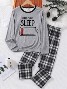 2pcs/Set Boys Casual Basic Solid Color Round Neck White Black And White Plaid Long Sleeve Top SLEEP Print Autumn/Winter Pajamas Home Holiday - Grey - View 5