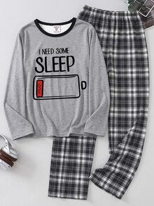 2pcs/Set Boys Casual Basic Solid Color Round Neck White Black And White Plaid Long Sleeve Top SLEEP Print Autumn/Winter Pajamas Home Holiday - Grey - View 4