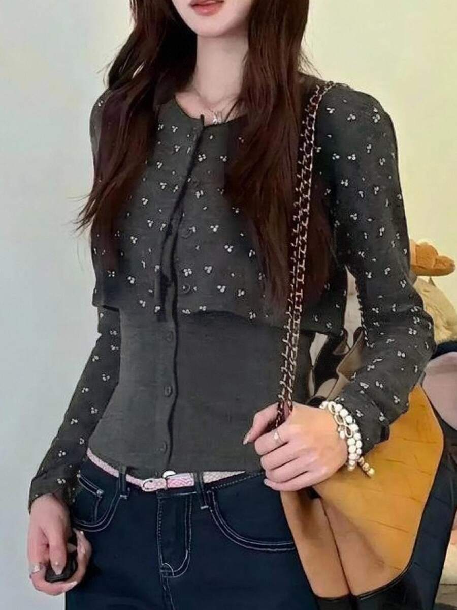 DAZY Dark Gray Floral Contrast Lace Trim 2 In 1 Button Slim Fit Cropped Long Sleeve Knit Set - Black - View 1