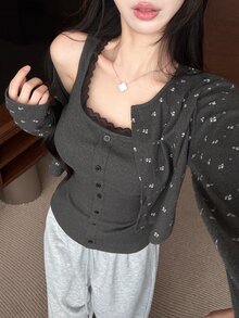DAZY Dark Gray Floral Contrast Lace Trim 2 In 1 Button Slim Fit Cropped Long Sleeve Knit Set - Black - View 9