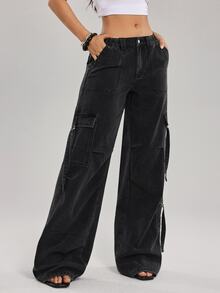 SHEIN Tall Women's Cargo Pocket Wide Leg Loose Casual Denim Jeans - Black - View 7
