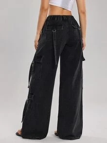 SHEIN Tall Women's Cargo Pocket Wide Leg Loose Casual Denim Jeans - Black - View 2