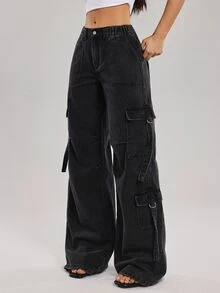 SHEIN Tall Women's Cargo Pocket Wide Leg Loose Casual Denim Jeans - Black - View 5