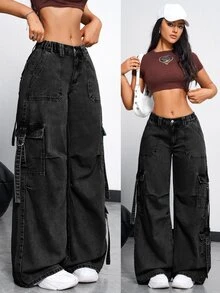 SHEIN Tall Women's Cargo Pocket Wide Leg Loose Casual Denim Jeans - Black - View 1