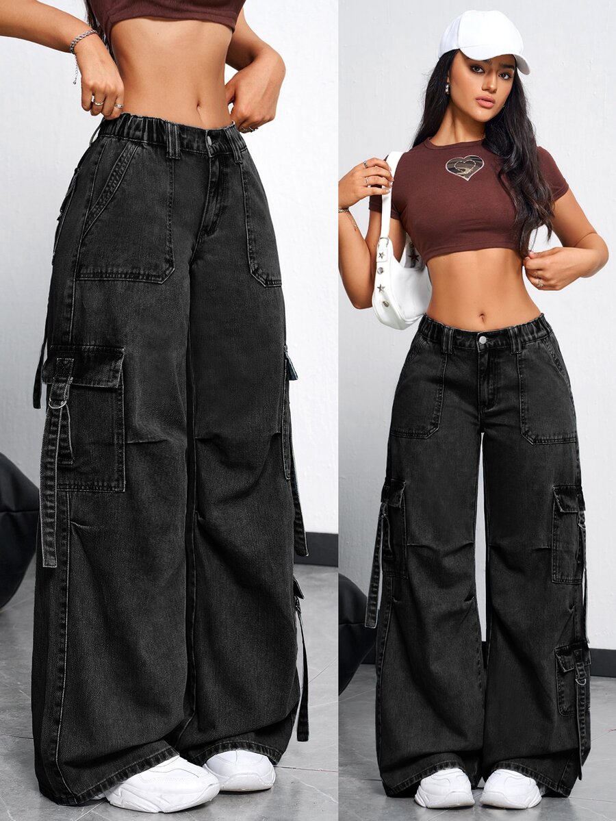 SHEIN Tall Women's Cargo Pocket Wide Leg Loose Casual Denim Jeans - Black - View 1
