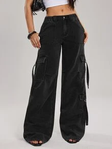 SHEIN Tall Women's Cargo Pocket Wide Leg Loose Casual Denim Jeans - Black - View 4