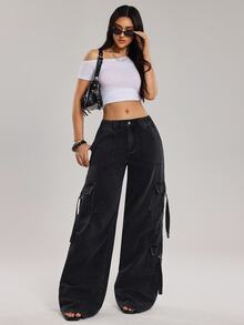 SHEIN Tall Women's Cargo Pocket Wide Leg Loose Casual Denim Jeans - Black - View 3