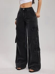 SHEIN Tall Women's Cargo Pocket Wide Leg Loose Casual Denim Jeans - Black - View 6