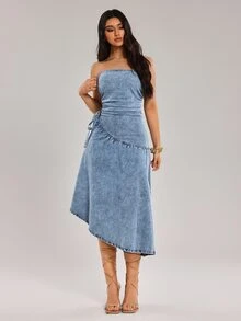 SHEIN Tall فستان جينز نسائي بتصميم باندو مع ربطة خصر جانبية مجعدة عصري - الأزرق - مشاهدة 6