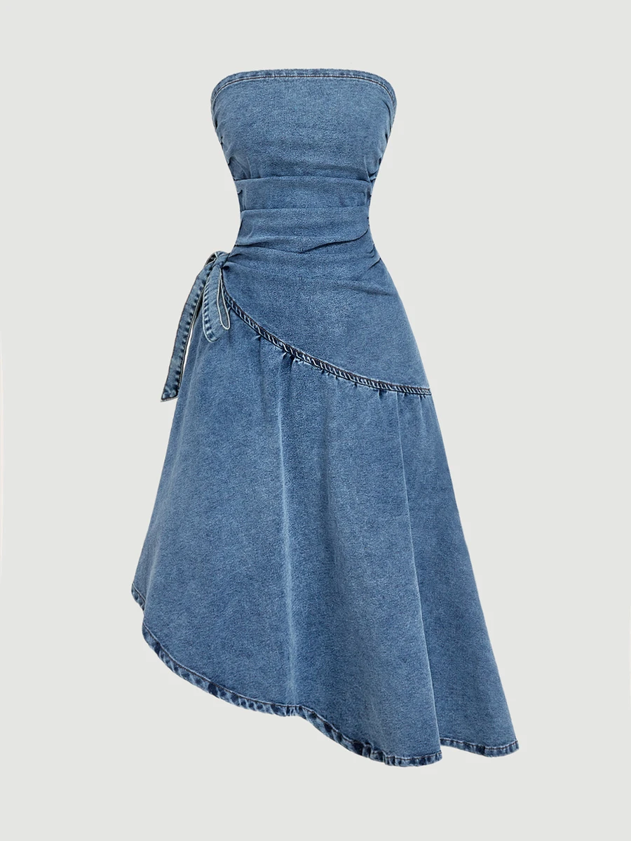 SHEIN Tall Gaun Denim Model Bandeau Wanita dengan Detail Kerut di Samping Pinggang - Biru - View 1