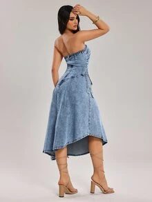 SHEIN Tall فستان جينز نسائي بتصميم باندو مع ربطة خصر جانبية مجعدة عصري - الأزرق - مشاهدة 2