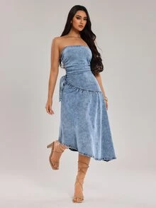 SHEIN Tall فستان جينز نسائي بتصميم باندو مع ربطة خصر جانبية مجعدة عصري - الأزرق - مشاهدة 1