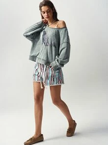 Bohemela 女款鯨魚刺繡圖案不對稱肩休閒日常衛衣 - 軍綠色 - 查看 7