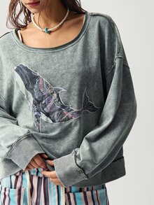 Bohemela 女款鯨魚刺繡圖案不對稱肩休閒日常衛衣 - 軍綠色 - 查看 1