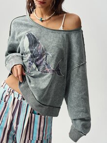 Bohemela 女款鯨魚刺繡圖案不對稱肩休閒日常衛衣 - 軍綠色 - 查看 4
