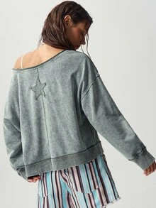Bohemela 女款鯨魚刺繡圖案不對稱肩休閒日常衛衣 - 軍綠色 - 查看 6