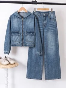SHEIN Setelan 2 Potong Jaket Pendek Lengan Panjang Berkerudung Denim Biru dan Celana Longgar untuk Remaja Perempuan - Biru - View 3
