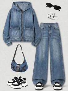 SHEIN Setelan 2 Potong Jaket Pendek Lengan Panjang Berkerudung Denim Biru dan Celana Longgar untuk Remaja Perempuan - Biru - View 2