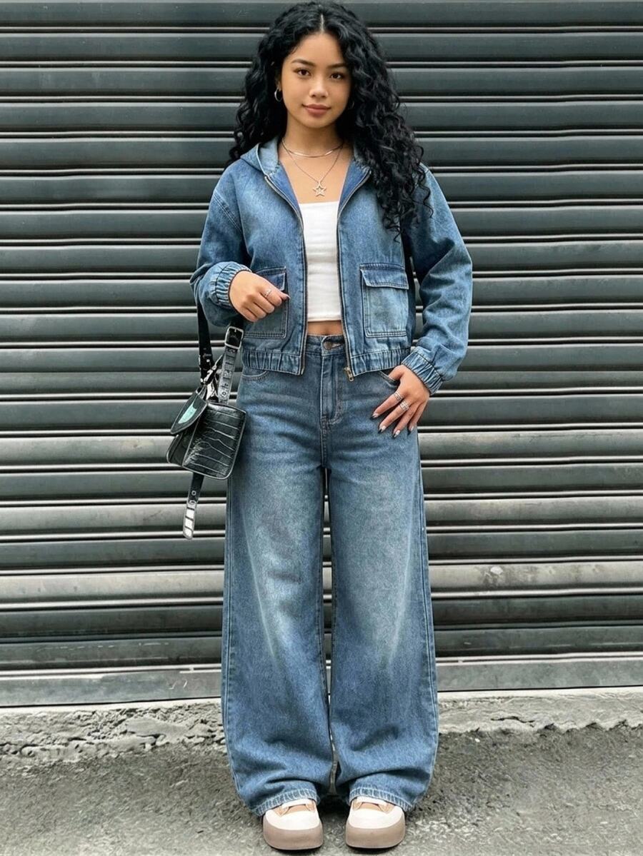 SHEIN Setelan 2 Potong Jaket Pendek Lengan Panjang Berkerudung Denim Biru dan Celana Longgar untuk Remaja Perempuan - Biru - View 1