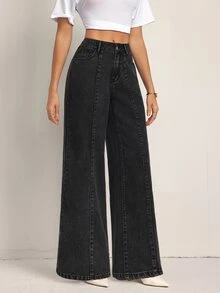 SHEIN Tall Celana Jeans Denim Longgar dengan Kantong Kancing Serbaguna untuk Wanita - Hitam - View 4