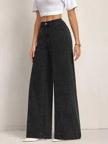 SHEIN Tall Celana Jeans Denim Longgar dengan Kantong Kancing Serbaguna untuk Wanita - Hitam - View 5