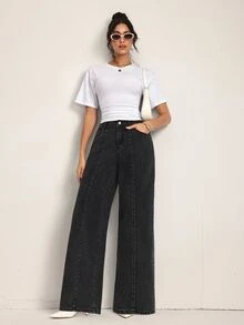SHEIN Tall Celana Jeans Denim Longgar dengan Kantong Kancing Serbaguna untuk Wanita - Hitam - View 6