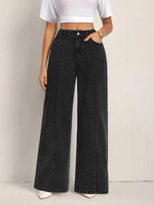 SHEIN Tall Celana Jeans Denim Longgar dengan Kantong Kancing Serbaguna untuk Wanita - Hitam - View 3
