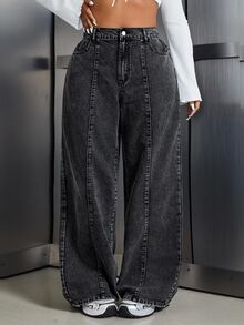 SHEIN Tall Celana Jeans Denim Longgar dengan Kantong Kancing Serbaguna untuk Wanita - Hitam - View 1