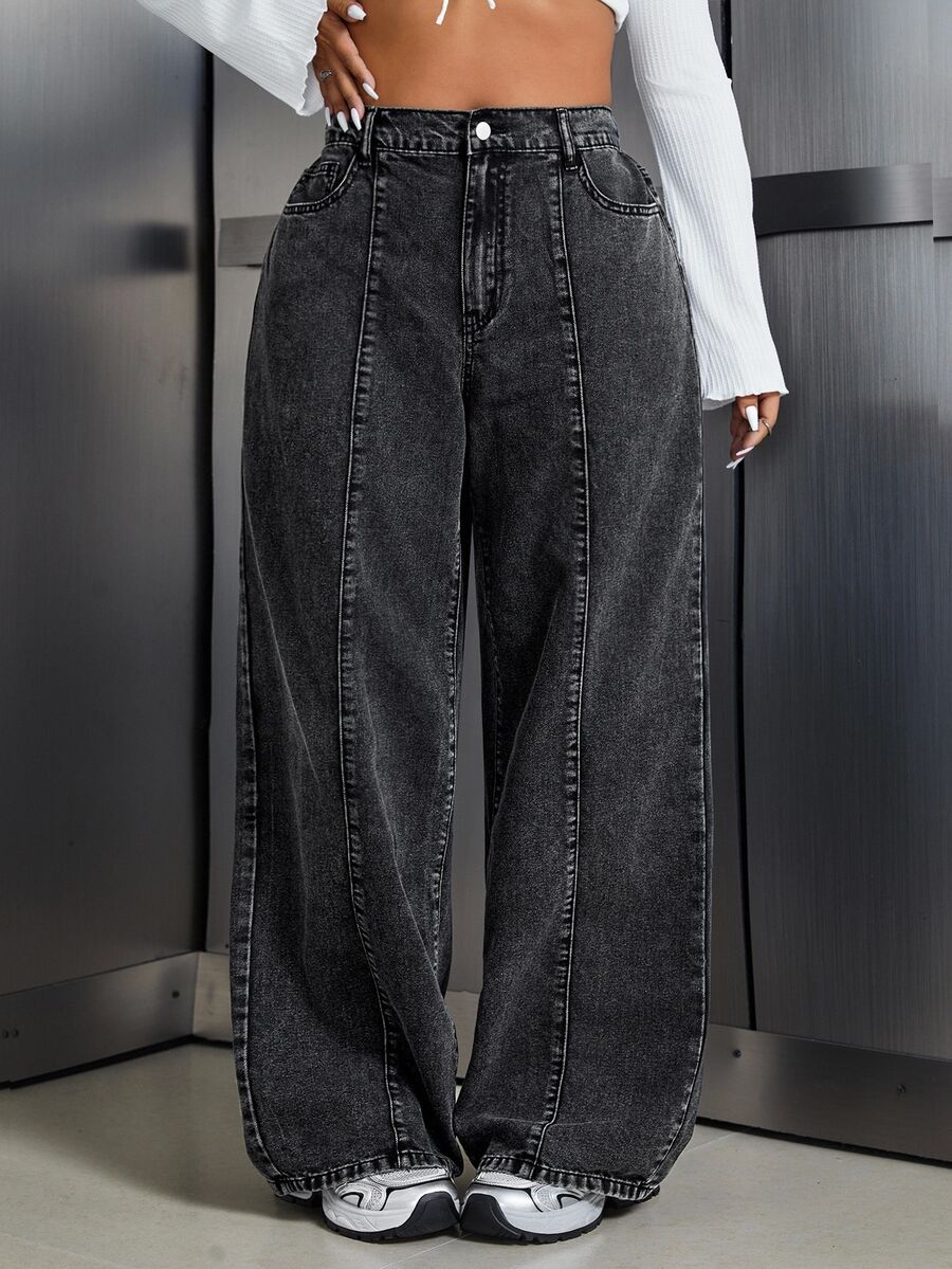 SHEIN Tall Celana Jeans Denim Longgar dengan Kantong Kancing Serbaguna untuk Wanita - Hitam - View 1