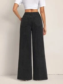 SHEIN Tall Celana Jeans Denim Longgar dengan Kantong Kancing Serbaguna untuk Wanita - Hitam - View 2