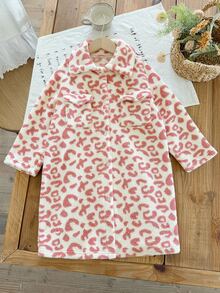 SHEIN Mantel Panjang Anak Perempuan Motif Leopard Lengan Panjang dengan Saku untuk Musim Gugur dan Musim Dingin - Berwarna merah muda - View 3
