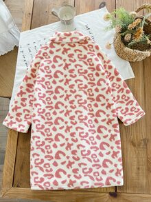 SHEIN Mantel Panjang Anak Perempuan Motif Leopard Lengan Panjang dengan Saku untuk Musim Gugur dan Musim Dingin - Berwarna merah muda - View 4