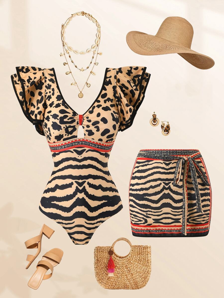 Swim Oasis 2026 Spring/Summer New Women's Plus Size Fashion Sexy Digital Print Design Shoulder Strap One-Piece Swimsuit + Skirt Beachwear - Multicolor - View 1