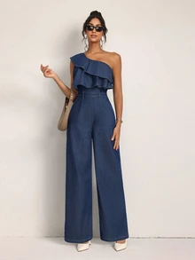 SHEIN Tall Jumpsuit Denim Kasual Wanita Model Satu Bahu dengan Celana Panjang untuk Pemakaian Sehari-hari - Biru - View 4