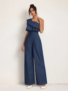 SHEIN Tall Jumpsuit Denim Kasual Wanita Model Satu Bahu dengan Celana Panjang untuk Pemakaian Sehari-hari - Biru - View 6