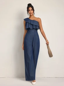SHEIN Tall Jumpsuit Denim Kasual Wanita Model Satu Bahu dengan Celana Panjang untuk Pemakaian Sehari-hari - Biru - View 2