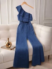 SHEIN Tall Jumpsuit Denim Kasual Wanita Model Satu Bahu dengan Celana Panjang untuk Pemakaian Sehari-hari - Biru - View 1