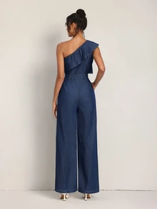 SHEIN Tall Jumpsuit Denim Kasual Wanita Model Satu Bahu dengan Celana Panjang untuk Pemakaian Sehari-hari - Biru - View 5