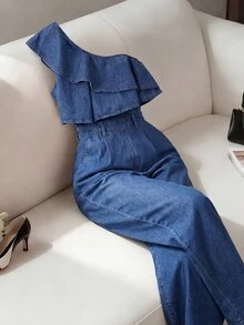 SHEIN Tall Jumpsuit Denim Kasual Wanita Model Satu Bahu dengan Celana Panjang untuk Pemakaian Sehari-hari - Biru - View 3
