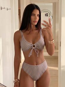 Costavie 2026 Spring/Summer Adjustable Strap Checkered Random Print High Waist Bikini Set, Vacation Swimwear For Women - Multicolor - View 1