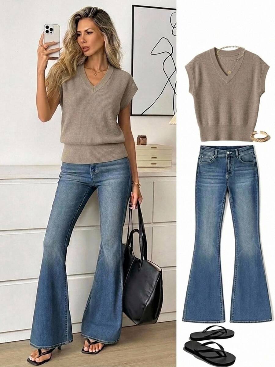 Easowa Women's Casual Fashion T-Shirt, Brown Ribbed Textured Fabric, Plush Touch, Real Fabric Not Printed, Elegant Versatile Urban Office Summer - White - View 1