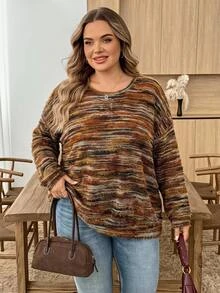 SHEIN CURVE+ Atasan Olahraga Kasual Lengan Panjang Ukuran Plus Wanita - Coklat - View 3